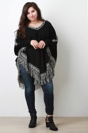 Abstract Print Fringe Trim Long Sleeves Poncho