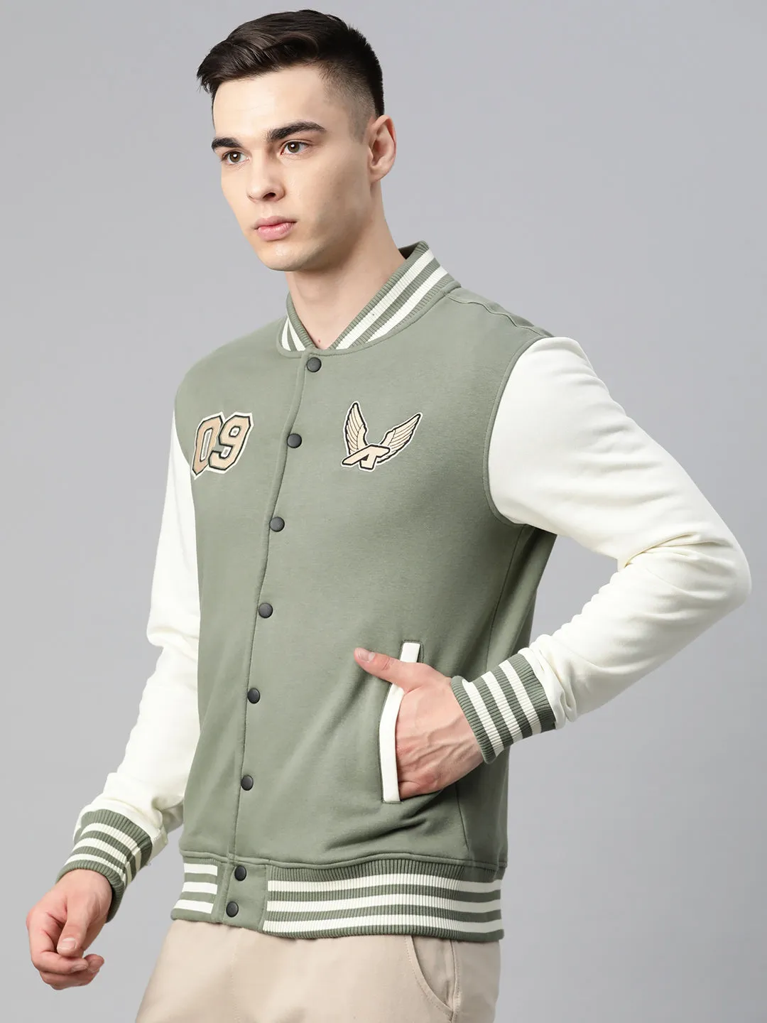 Alcis Men Green Typography Printed Varsity Jacket