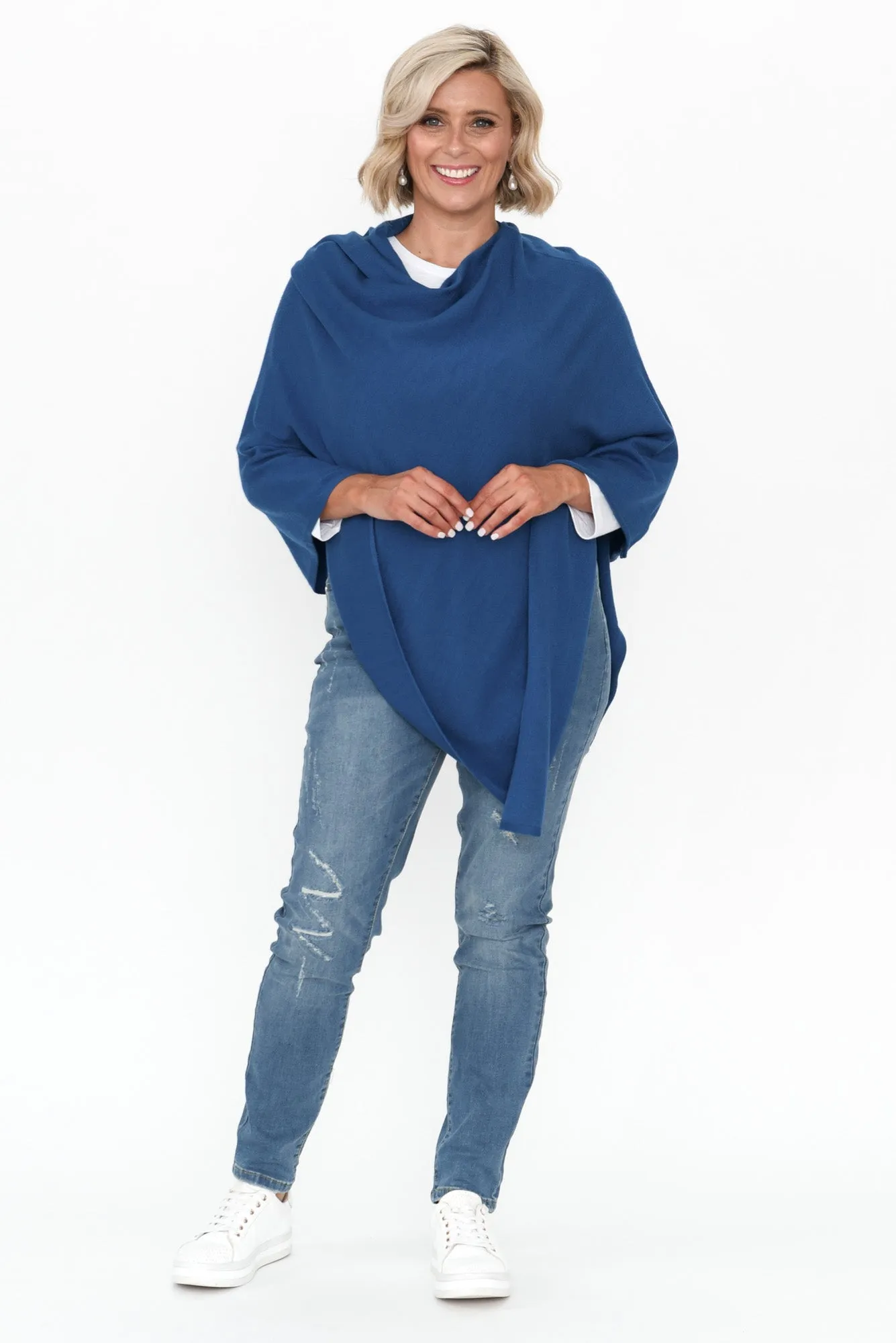 Amy Deep Blue Wool Blend Poncho