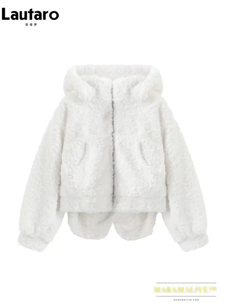 Autumn Winter Sweet Cute Lovely Warm Soft White Short Faux Fur Coat Women  with Bunny Ears Fluffy Jacket Hoodie 2023