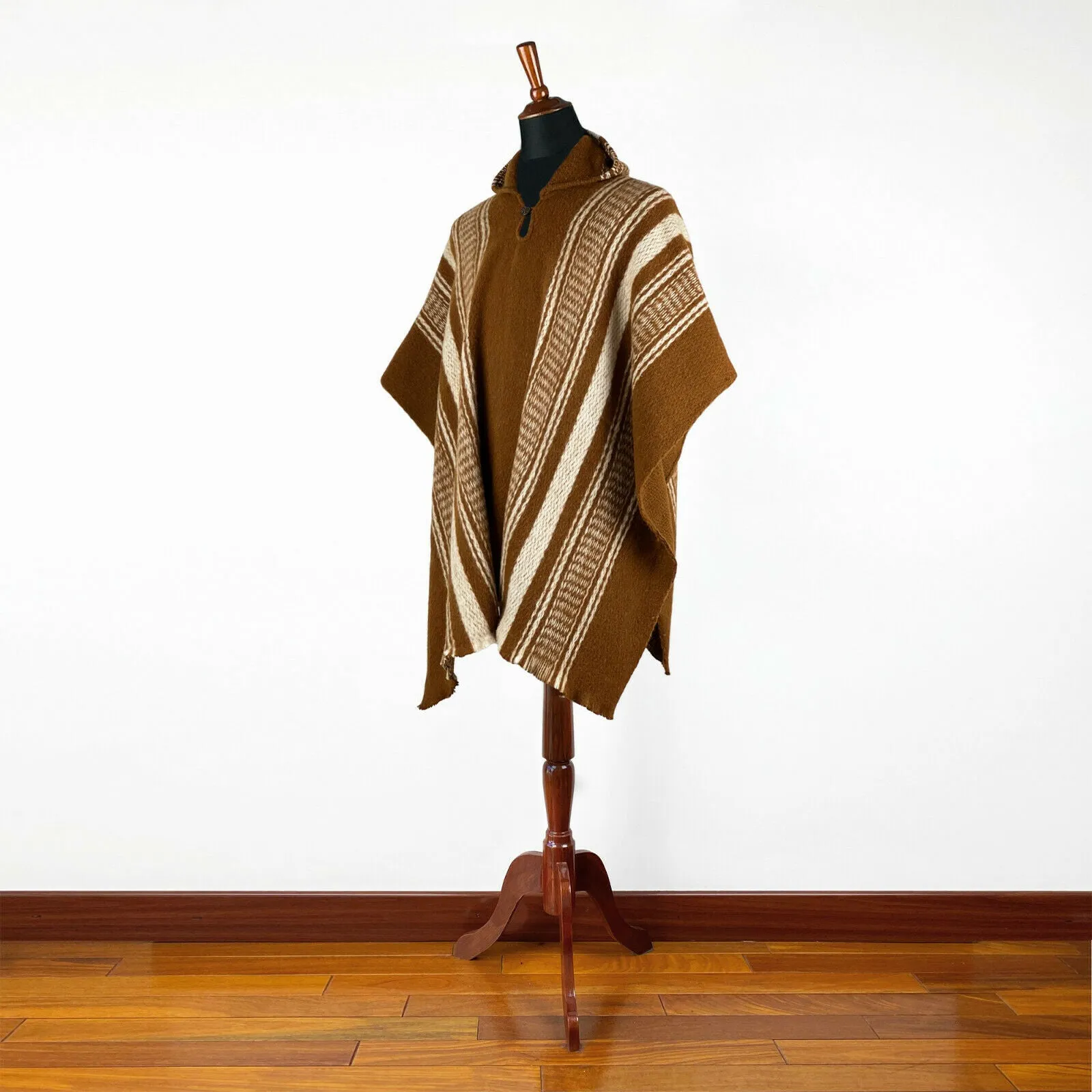 Ayamtai - Llama Wool Unisex South American Handwoven Hooded Poncho - brown striped pattern