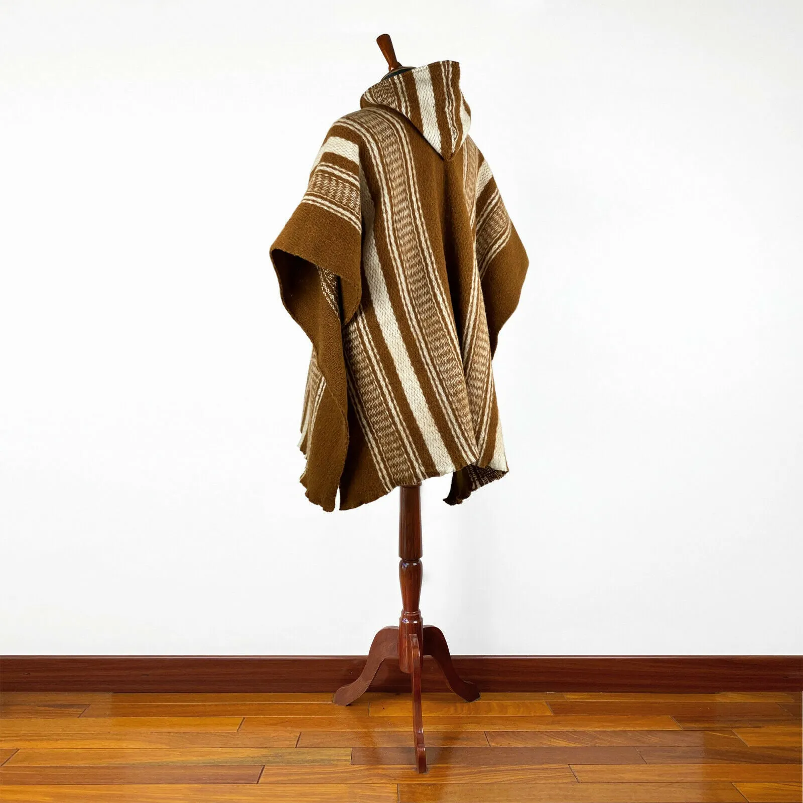 Ayamtai - Llama Wool Unisex South American Handwoven Hooded Poncho - brown striped pattern