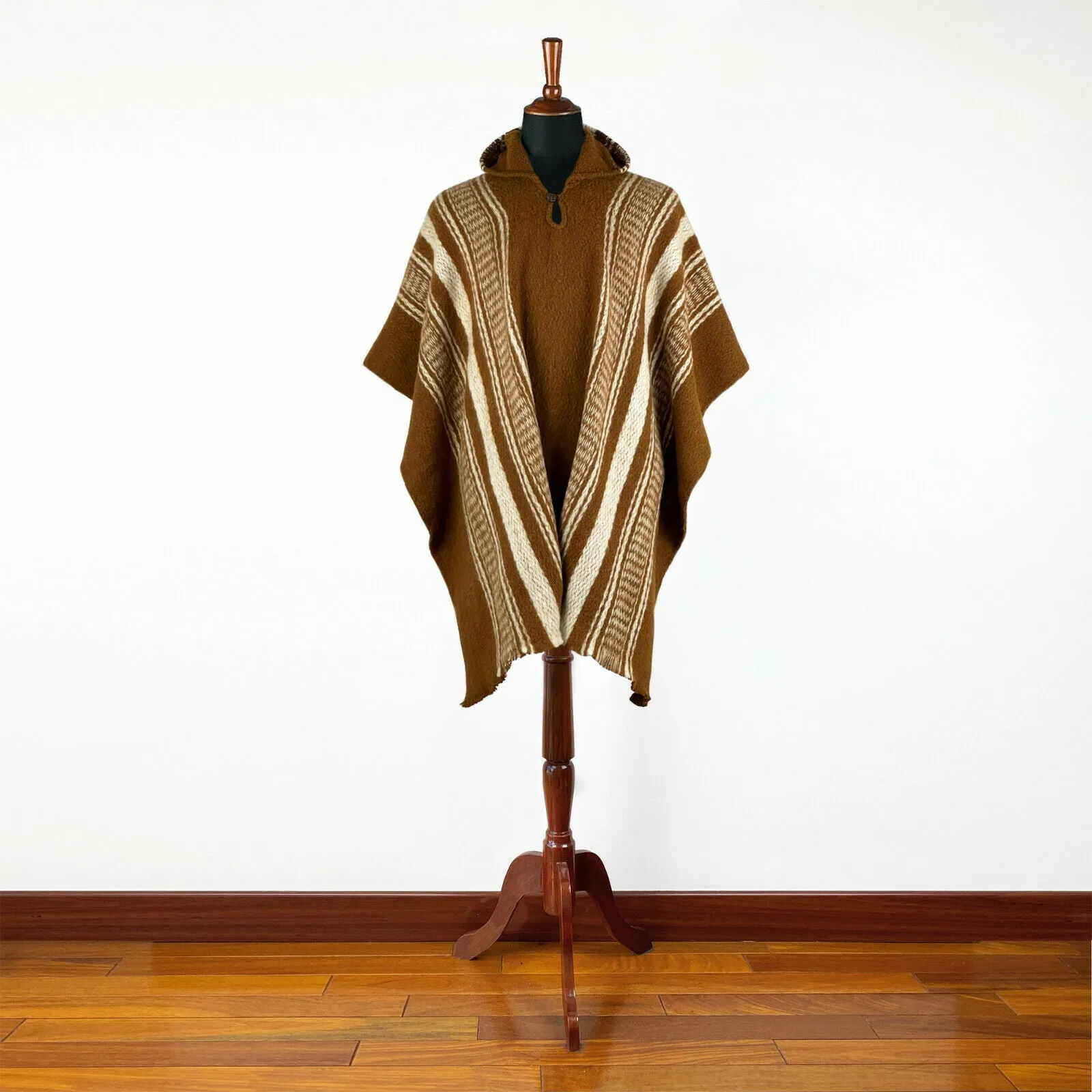 Ayamtai - Llama Wool Unisex South American Handwoven Hooded Poncho - brown striped pattern