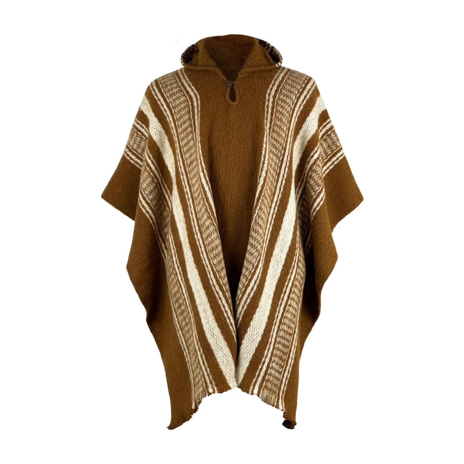 Ayamtai - Llama Wool Unisex South American Handwoven Hooded Poncho - brown striped pattern