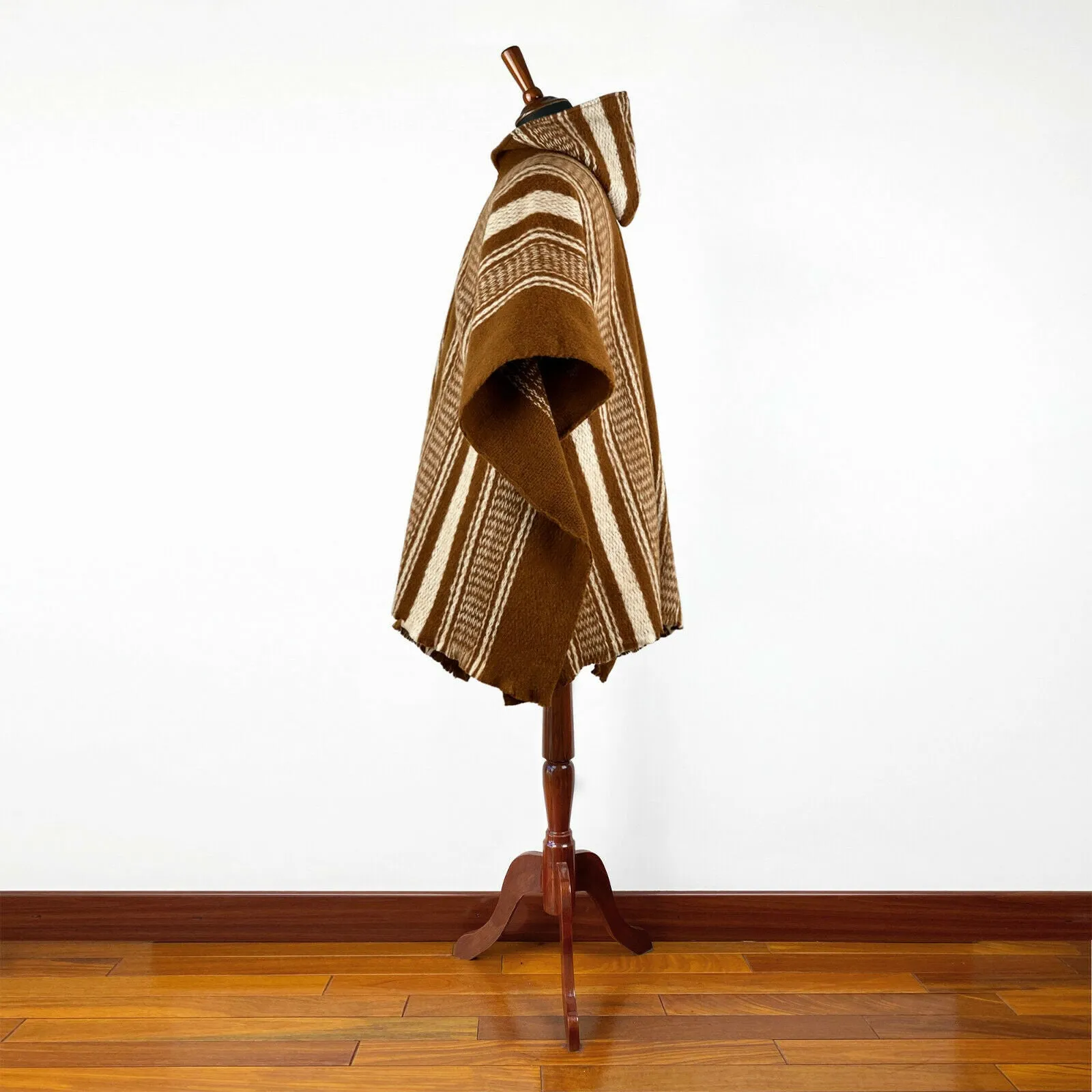 Ayamtai - Llama Wool Unisex South American Handwoven Hooded Poncho - brown striped pattern