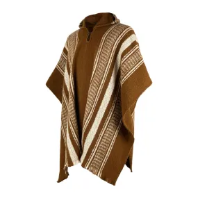 Ayamtai - Llama Wool Unisex South American Handwoven Hooded Poncho - brown striped pattern