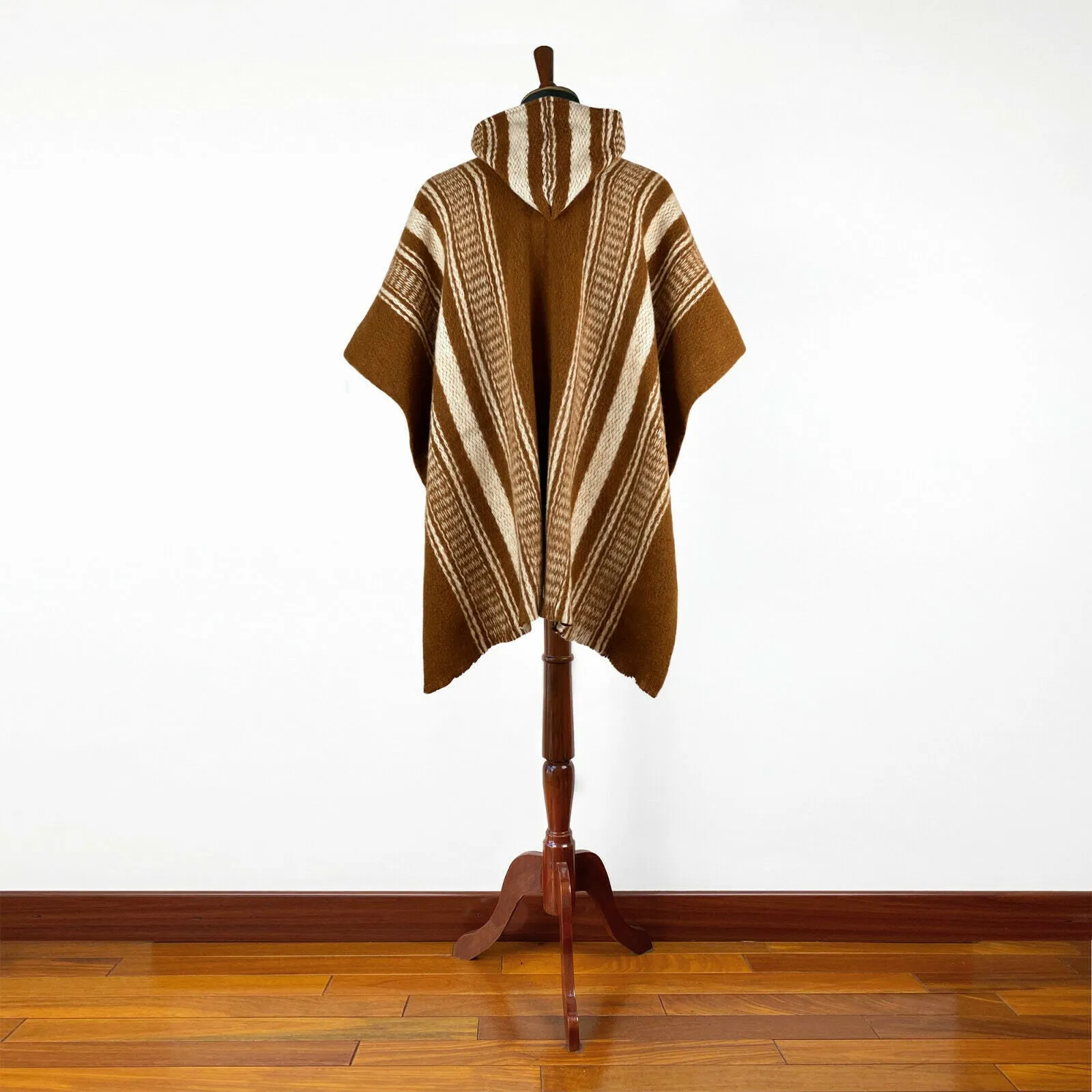 Ayamtai - Llama Wool Unisex South American Handwoven Hooded Poncho - brown striped pattern