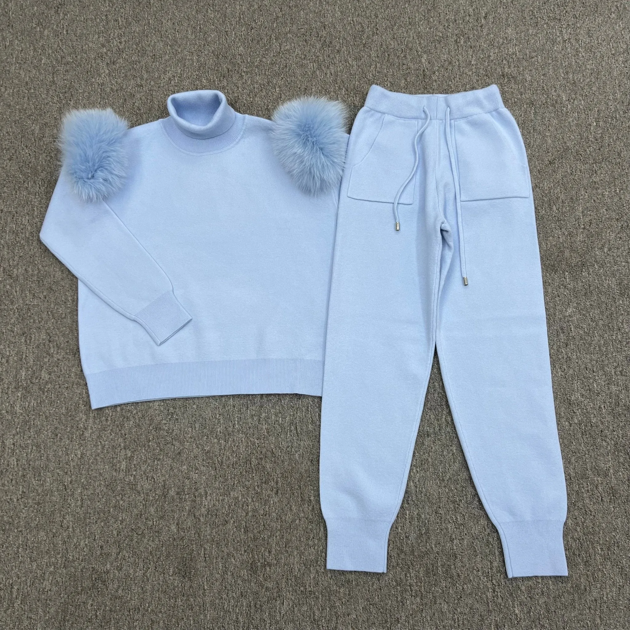 Baby Blue Luxury Fur Roll Neck Jogger Tracksuit