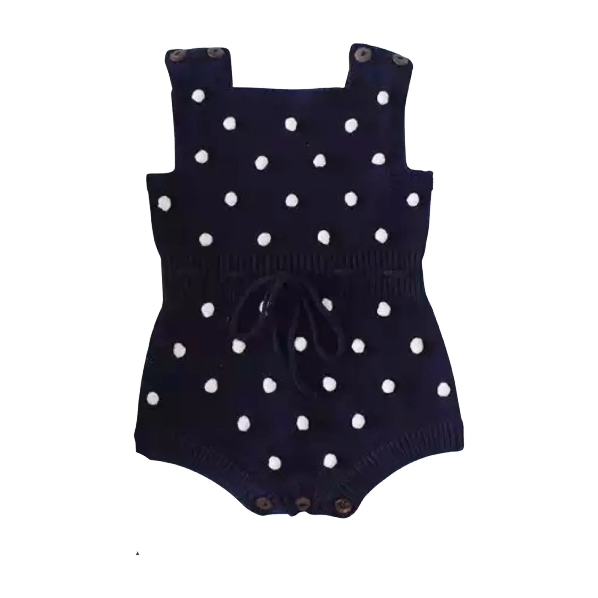 Baby Girl Knitted Romper with Bobbles / Pom Pom - Navy / White