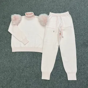 Baby Pink Luxury Fur Roll Neck Jogger Tracksuit