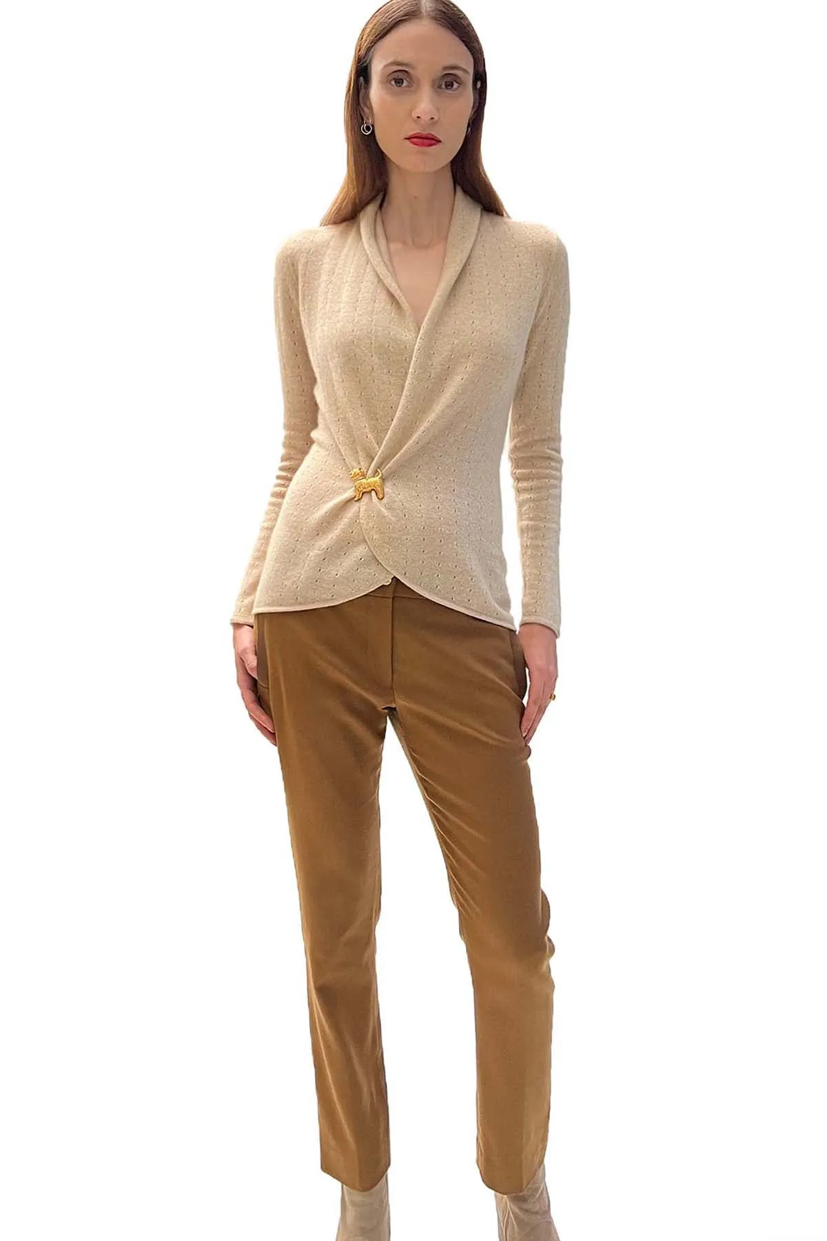 Beige Cashmere Cardigan - Pointelle