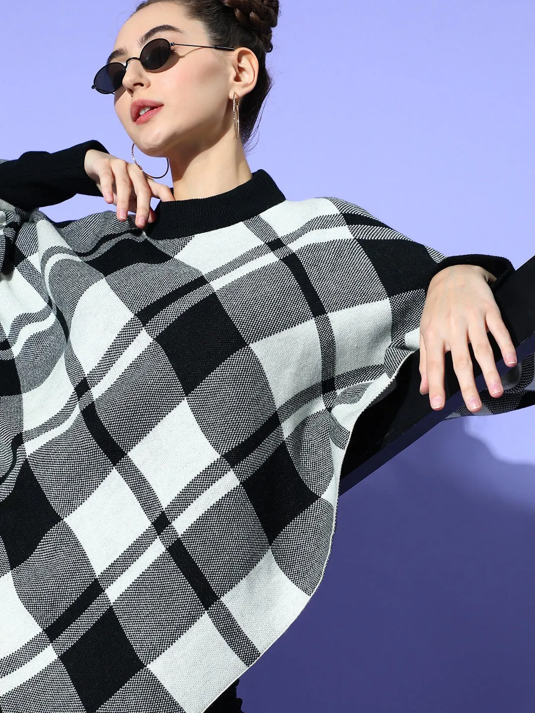 Berrylush Women Black & White Checked Pattern Mock Collar Neck Acrylic Asymmetric Hem Poncho