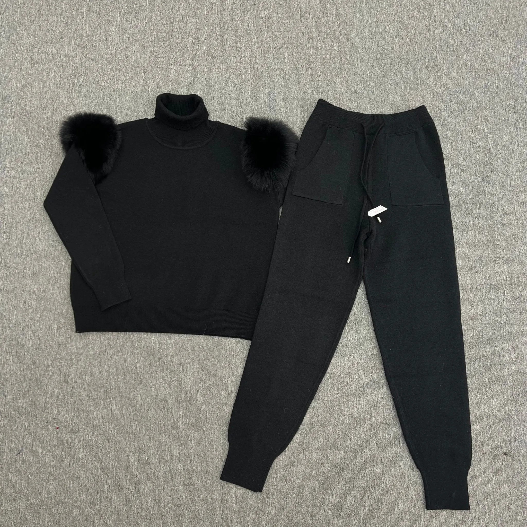 Black Luxury Fur Roll Neck Jogger Tracksuit