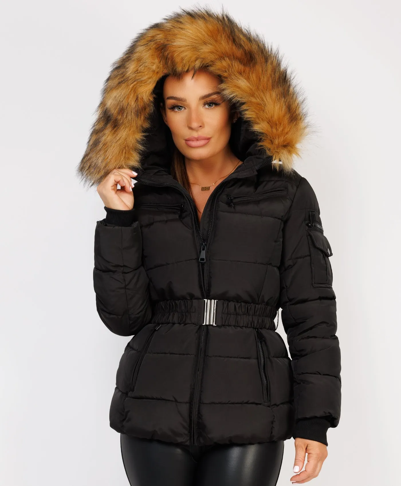 Black Padded Waist Belted Faux Fur Hooded Jacket