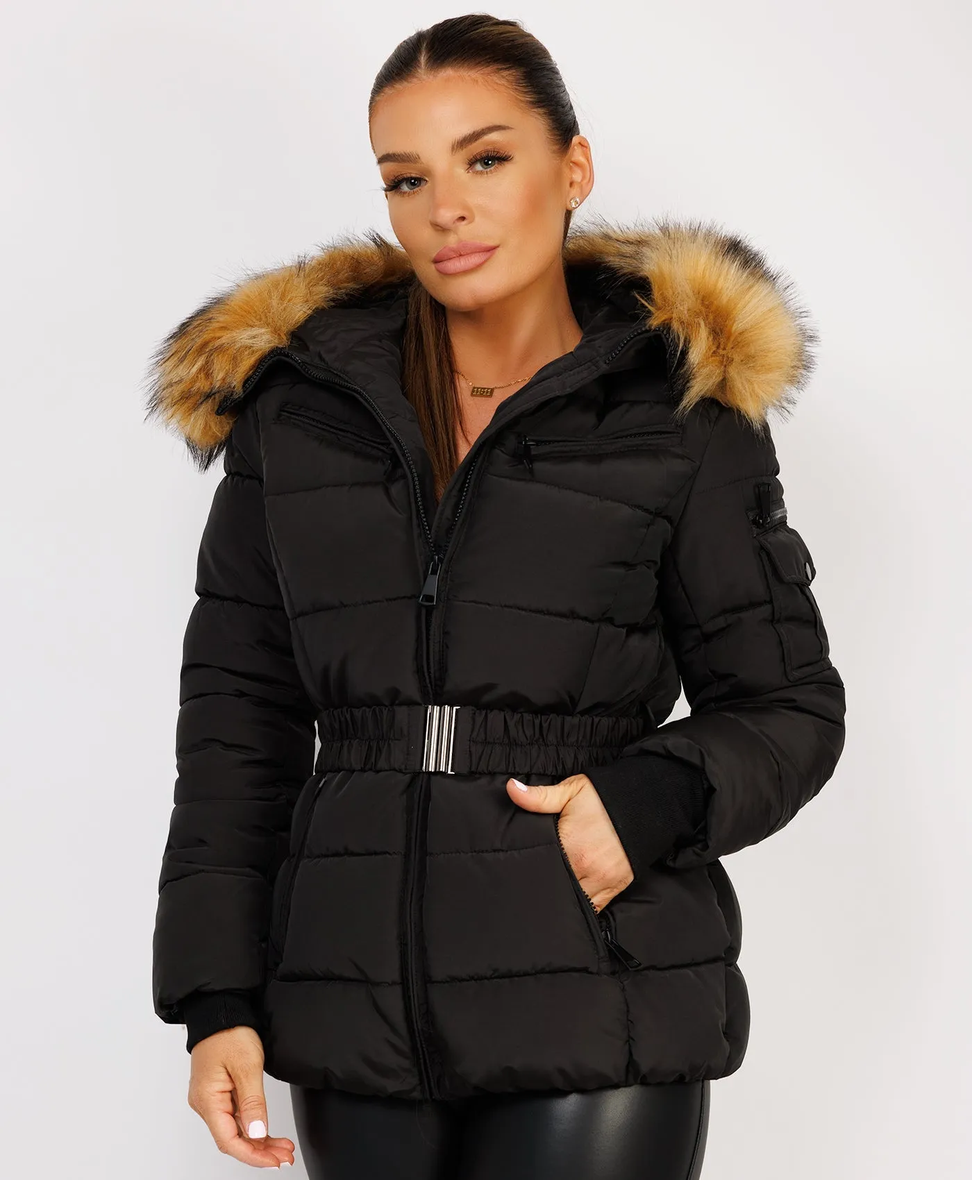 Black Padded Waist Belted Faux Fur Hooded Jacket