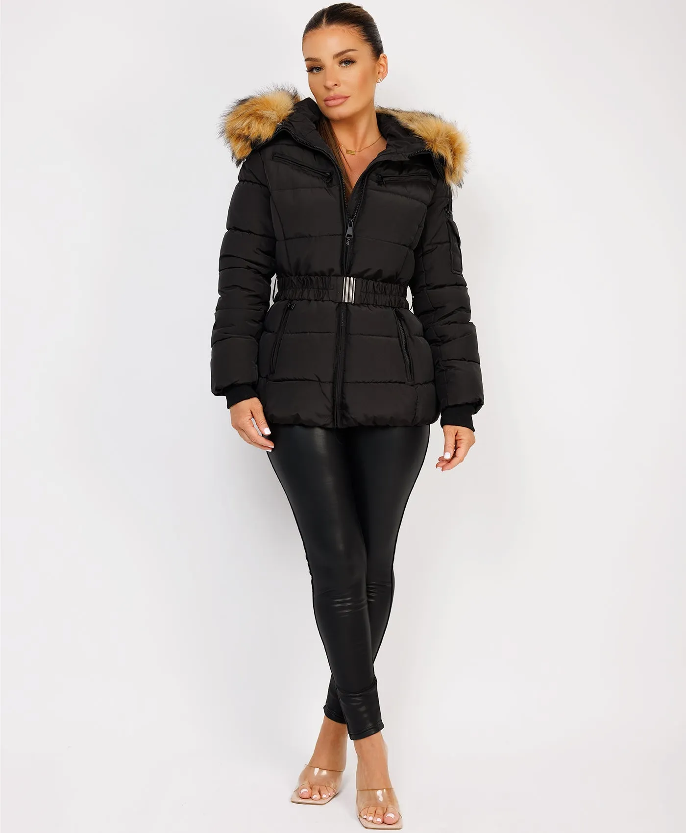 Black Padded Waist Belted Faux Fur Hooded Jacket