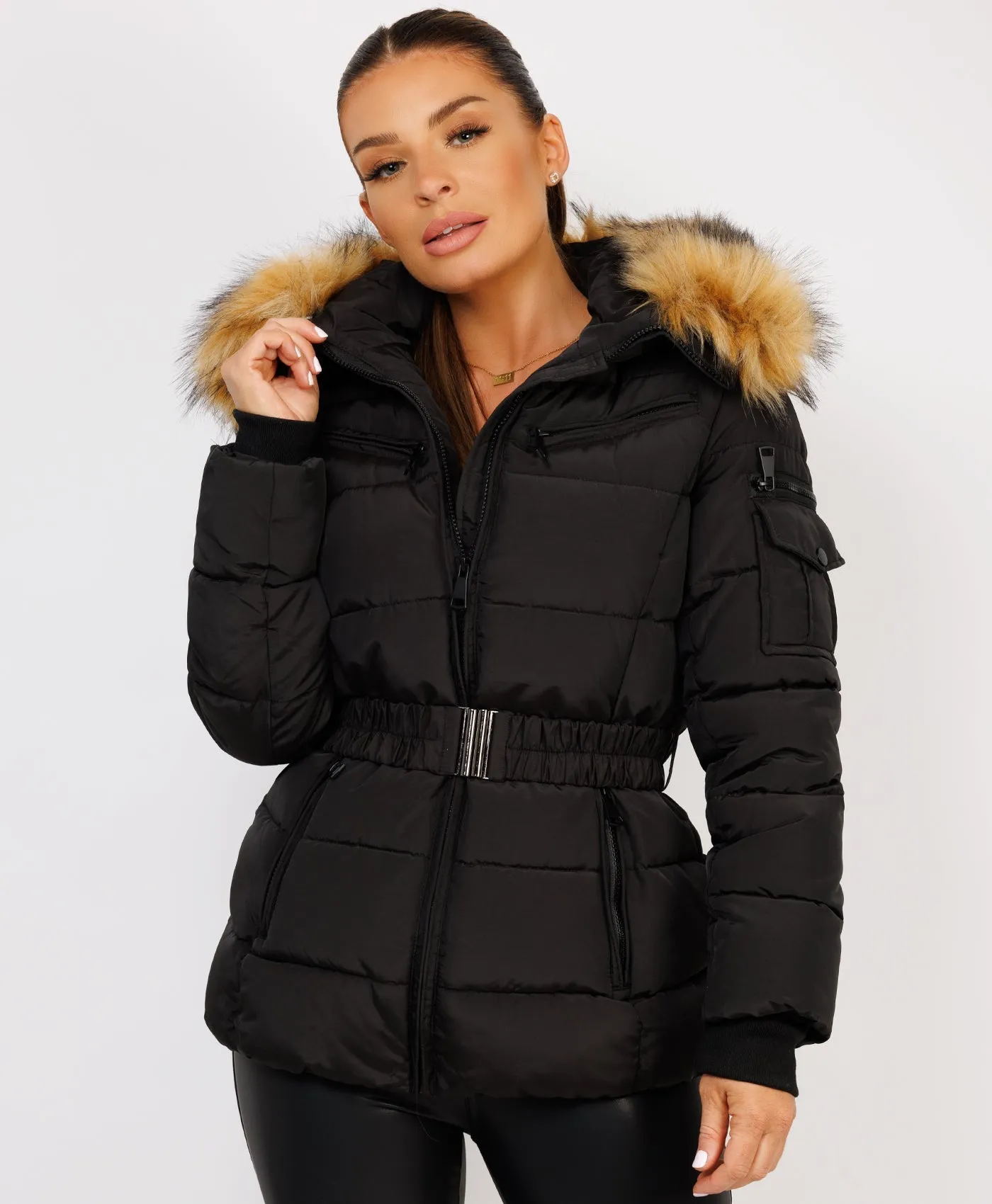 Black Padded Waist Belted Faux Fur Hooded Jacket