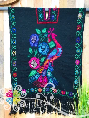 Black Peacock Embroider Long Poncho - Gaban