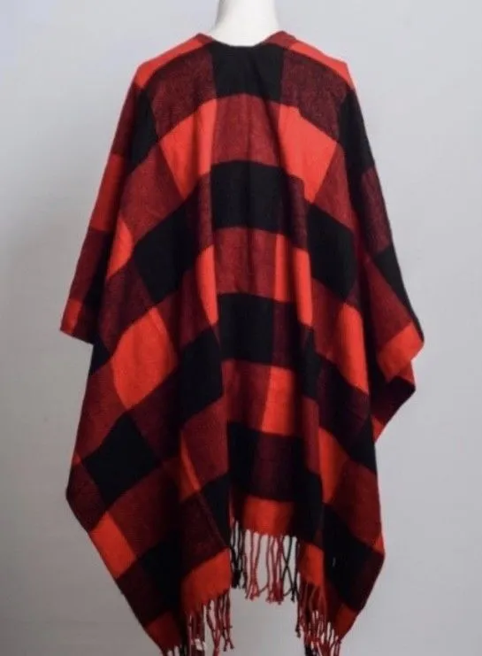 Black Red Buffalo Plaid Check Checkered Poncho Fringe Wrap - One Size