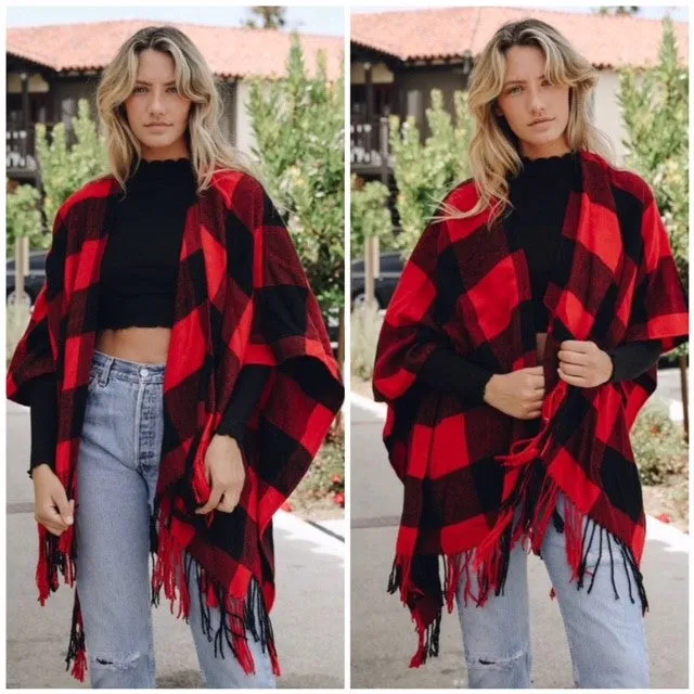 Black Red Buffalo Plaid Check Checkered Poncho Fringe Wrap - One Size