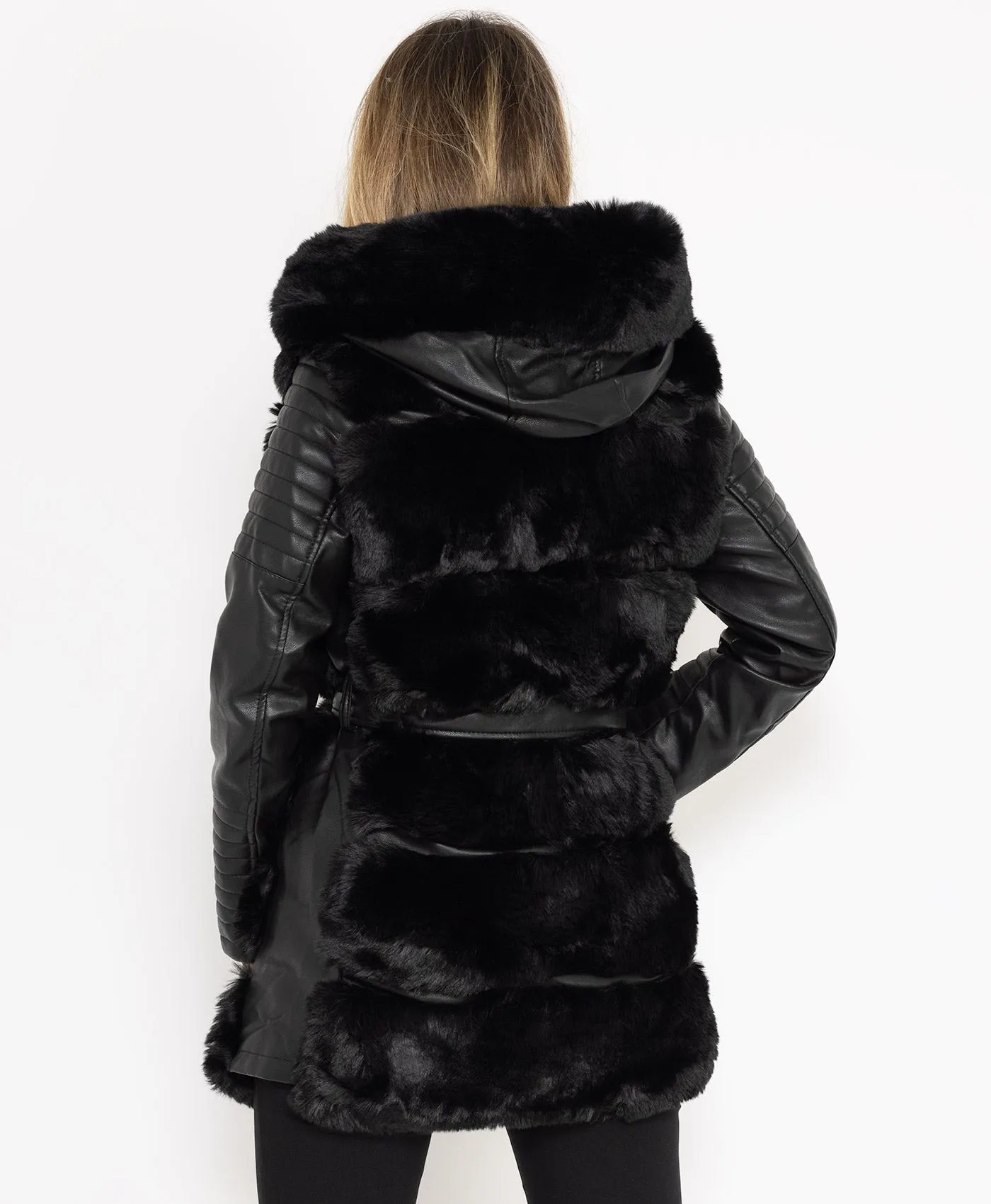 Black Tiered Faux Fur Trim PU PVC Hooded Coat Jacket