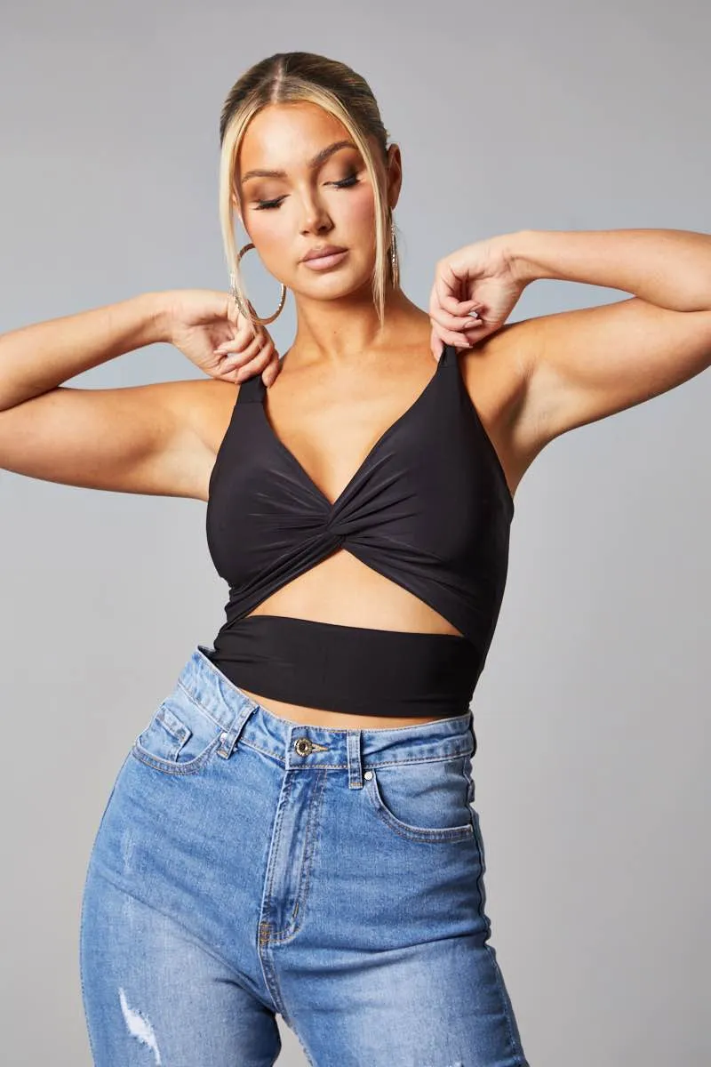 Black Twist Front Cut Out Cropped Top - Nila