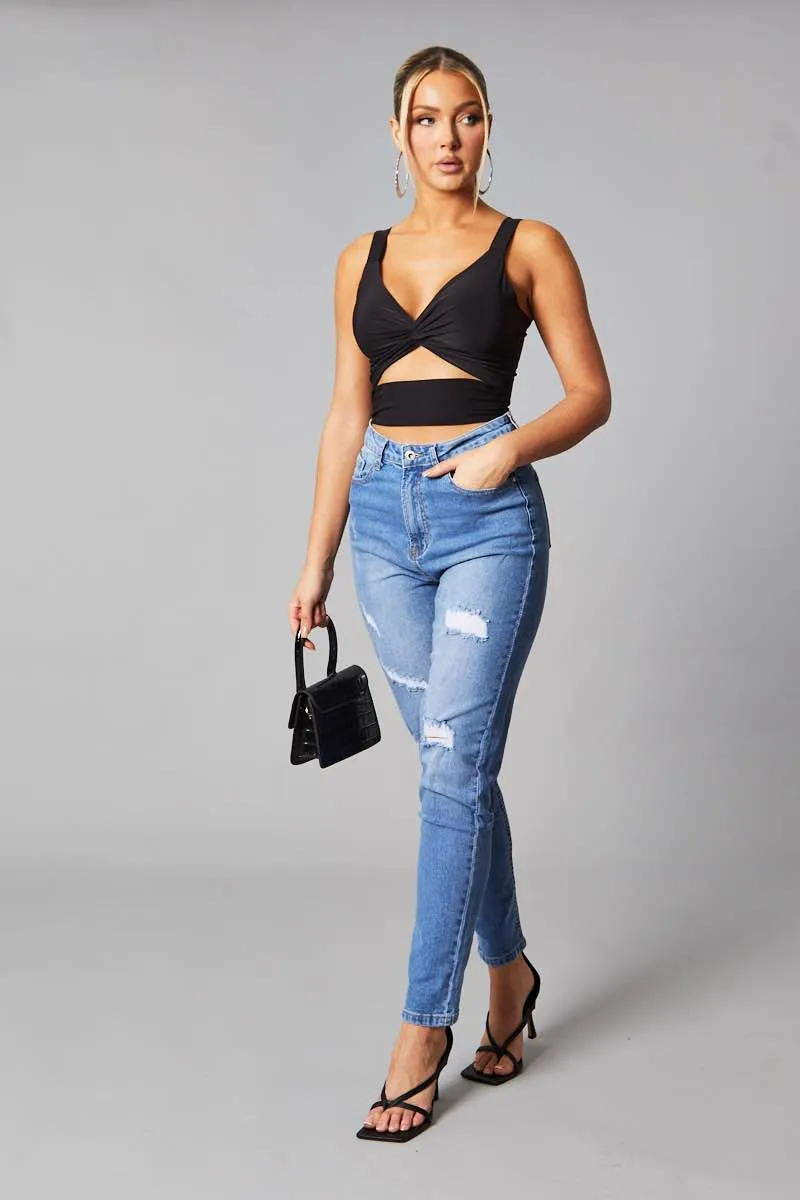 Black Twist Front Cut Out Cropped Top - Nila