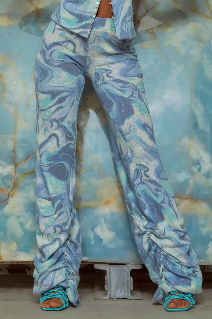 Blue Marble Print Ruched Hem Printed Knit Joggers