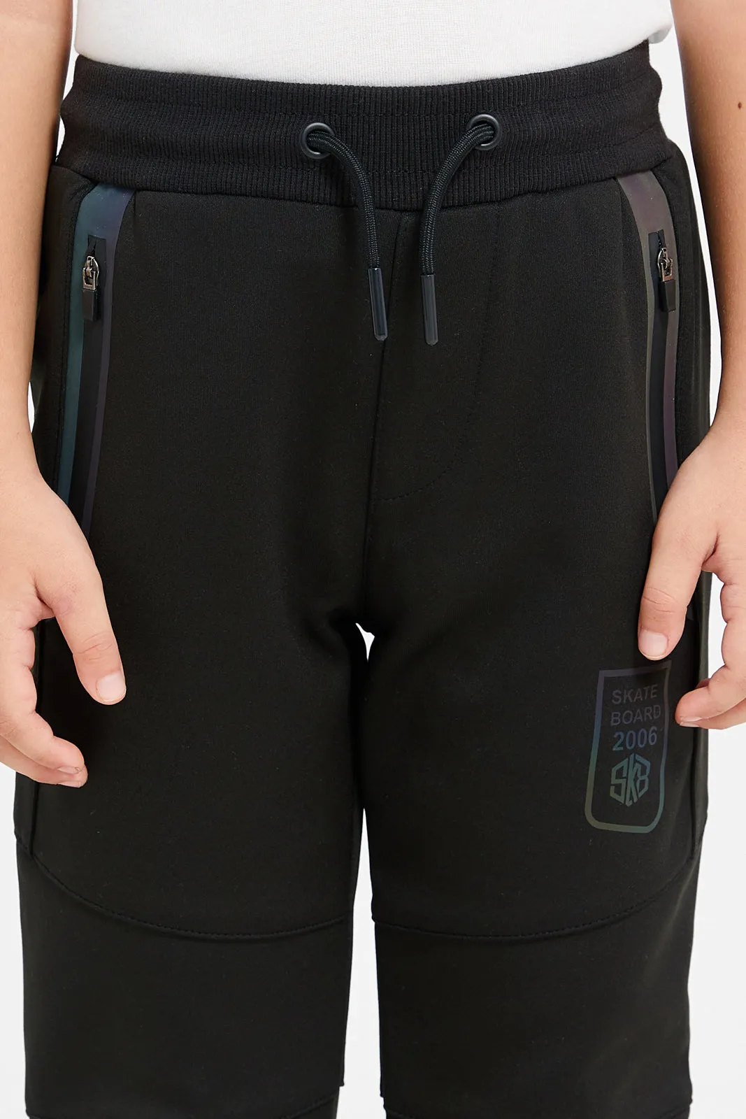 Boys Black Reflective Print Zip Pocket Track Pant