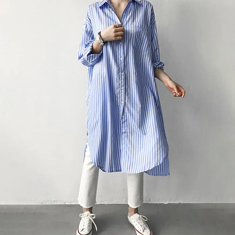 Casual Striped Button Down Style Tea-Length Dresses