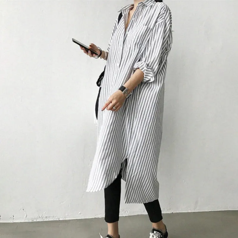 Casual Striped Button Down Style Tea-Length Dresses