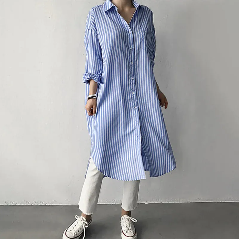 Casual Striped Button Down Style Tea-Length Dresses