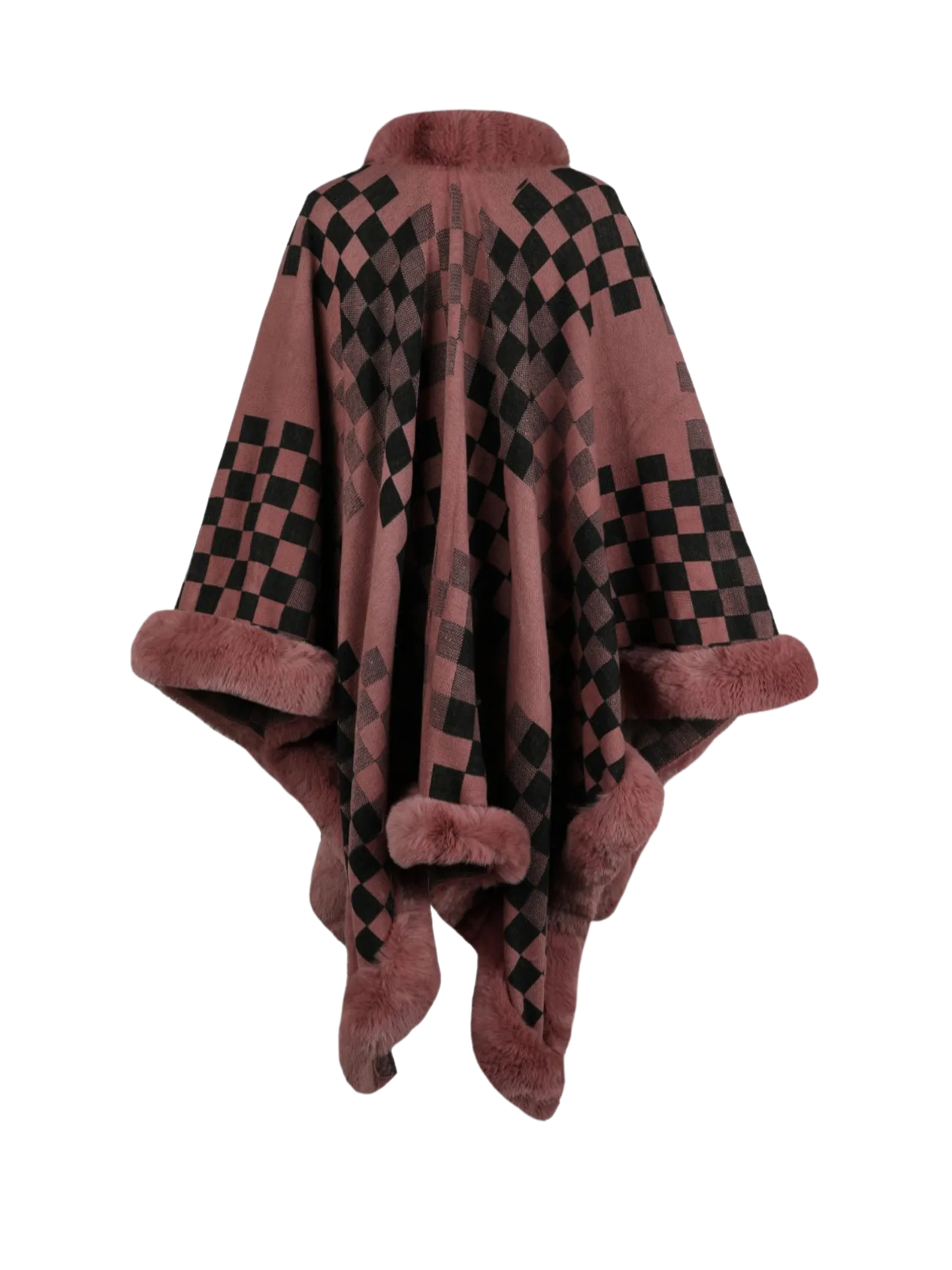 Checkered Faux Fur Trim Poncho