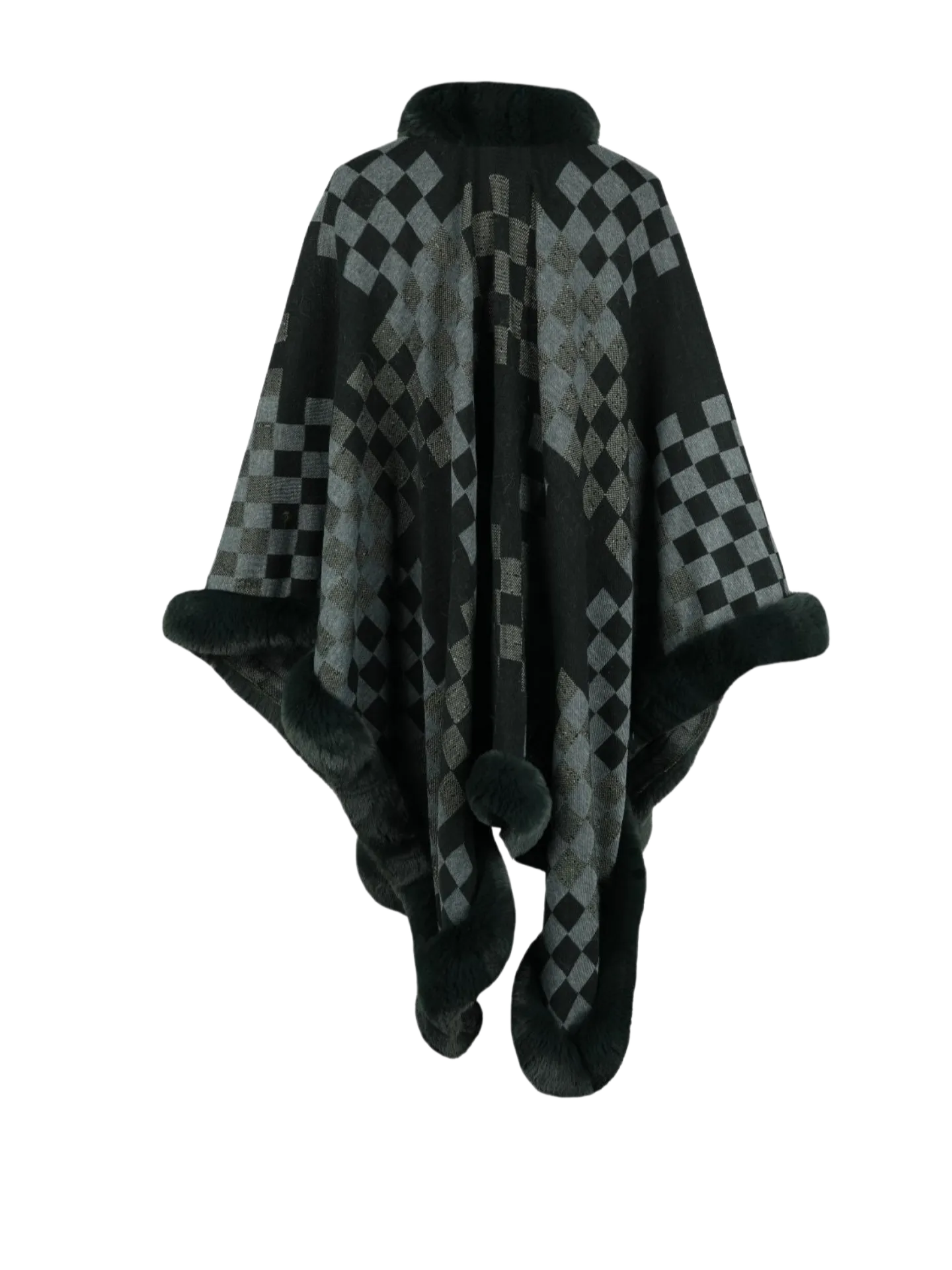 Checkered Faux Fur Trim Poncho