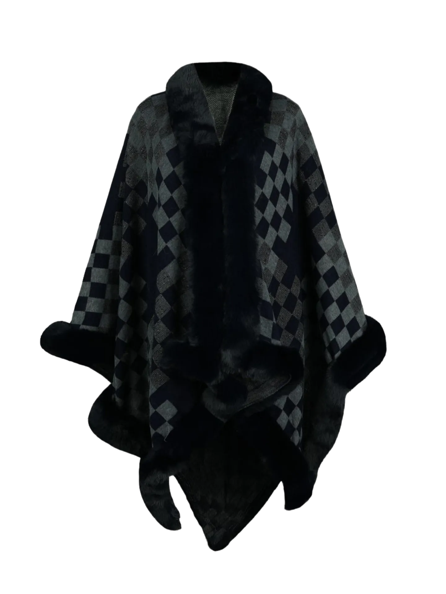 Checkered Faux Fur Trim Poncho