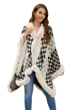 Checkered Faux Fur Trim Poncho