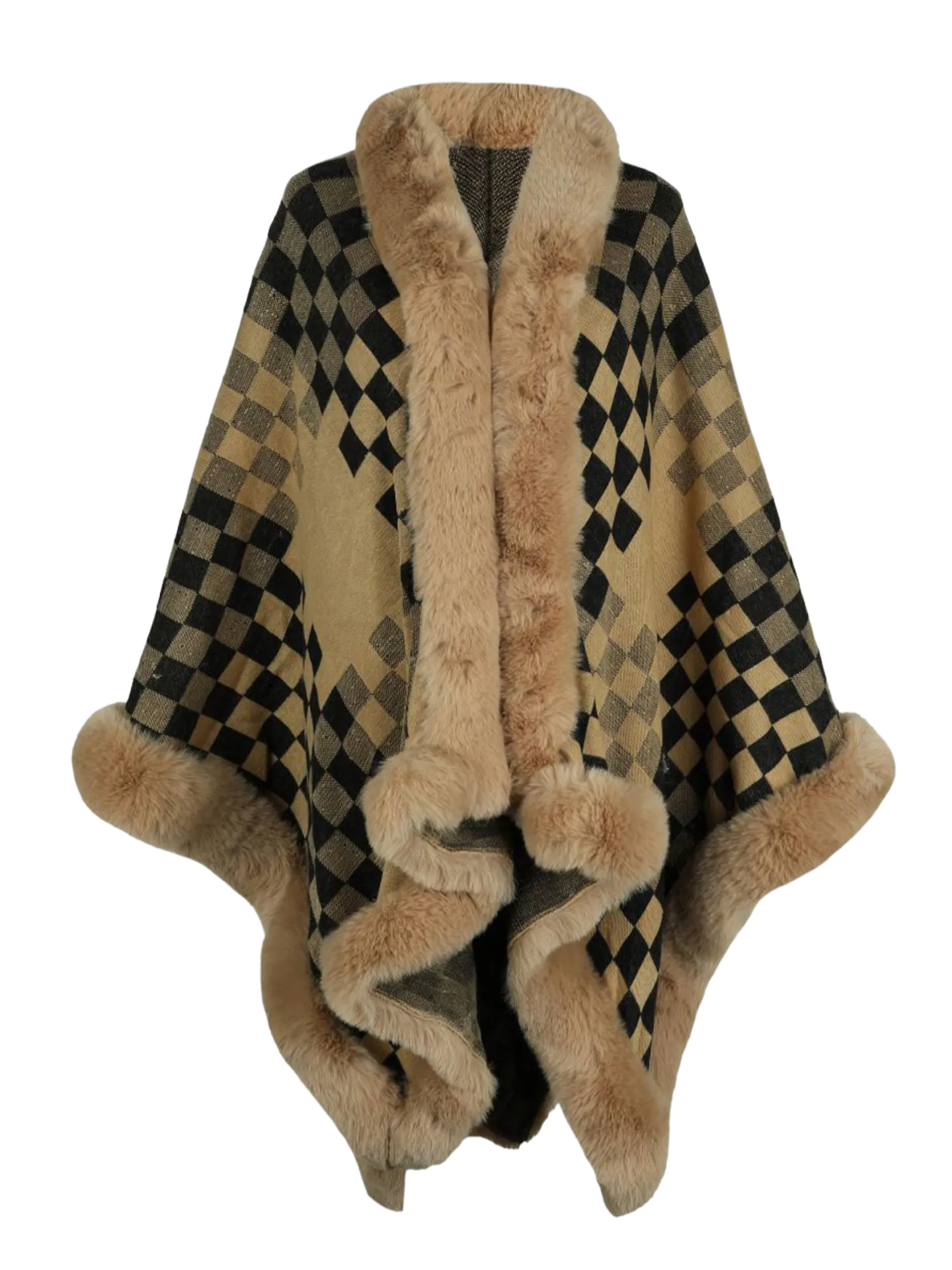 Checkered Faux Fur Trim Poncho