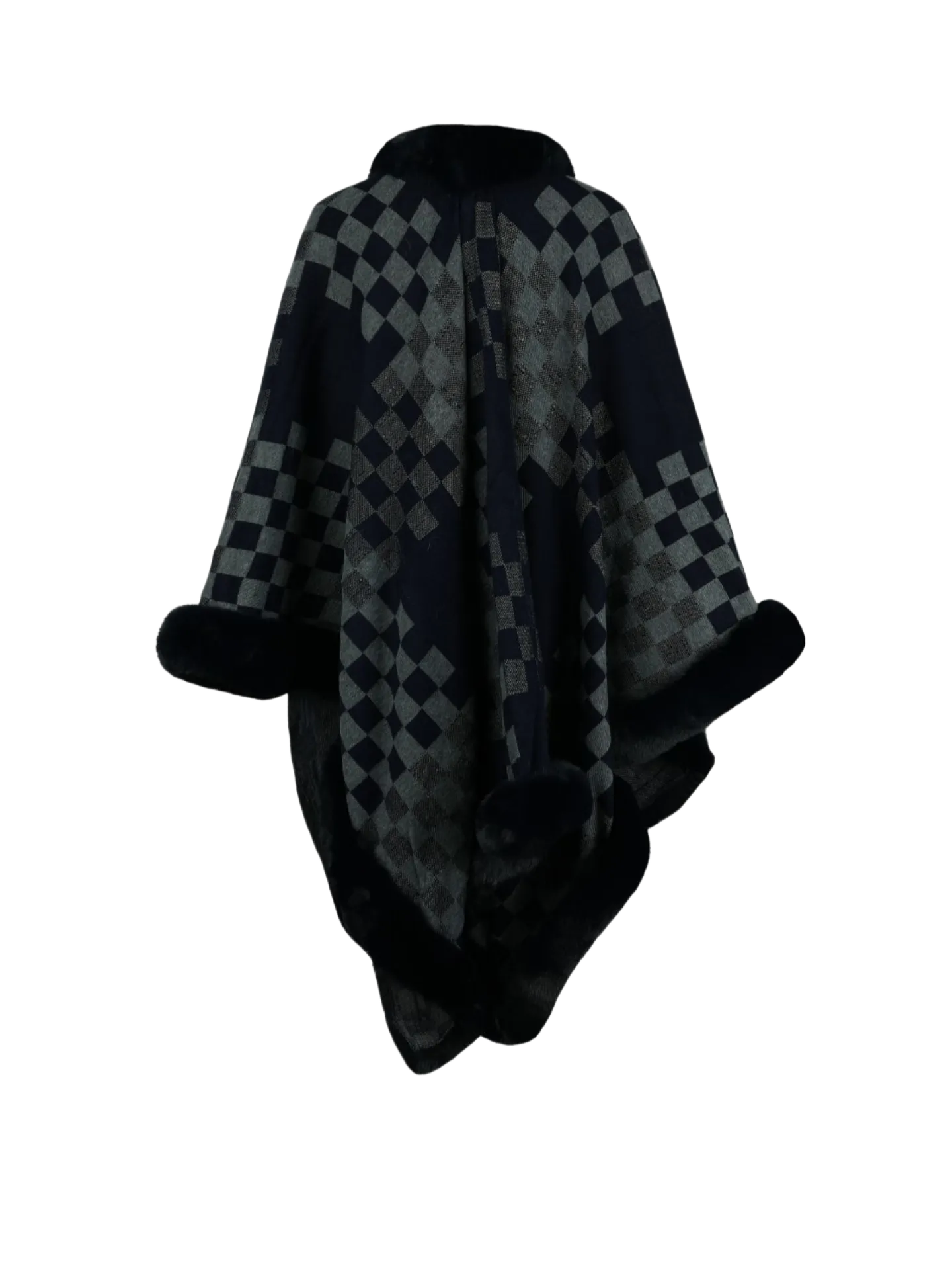 Checkered Faux Fur Trim Poncho