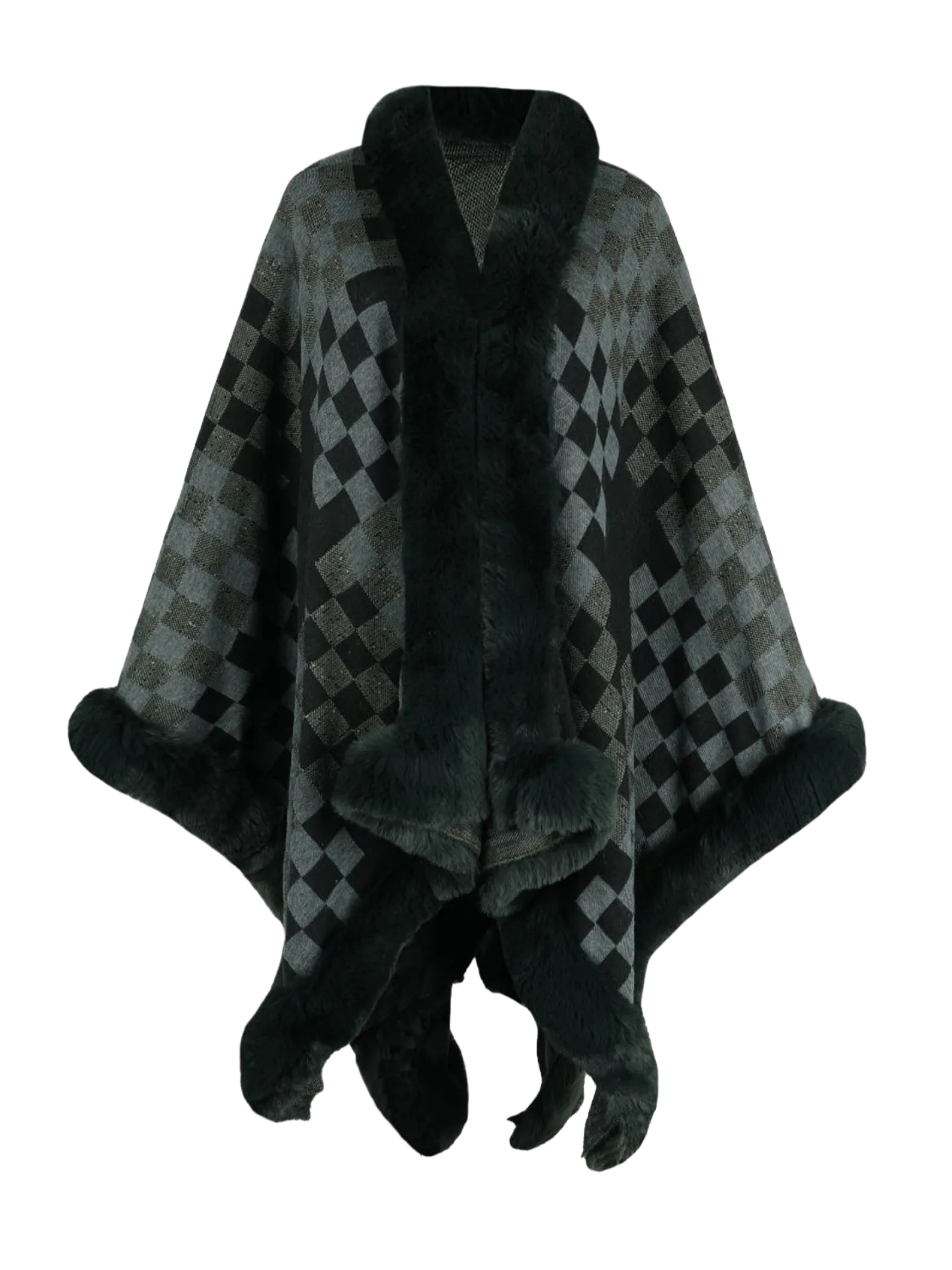 Checkered Faux Fur Trim Poncho