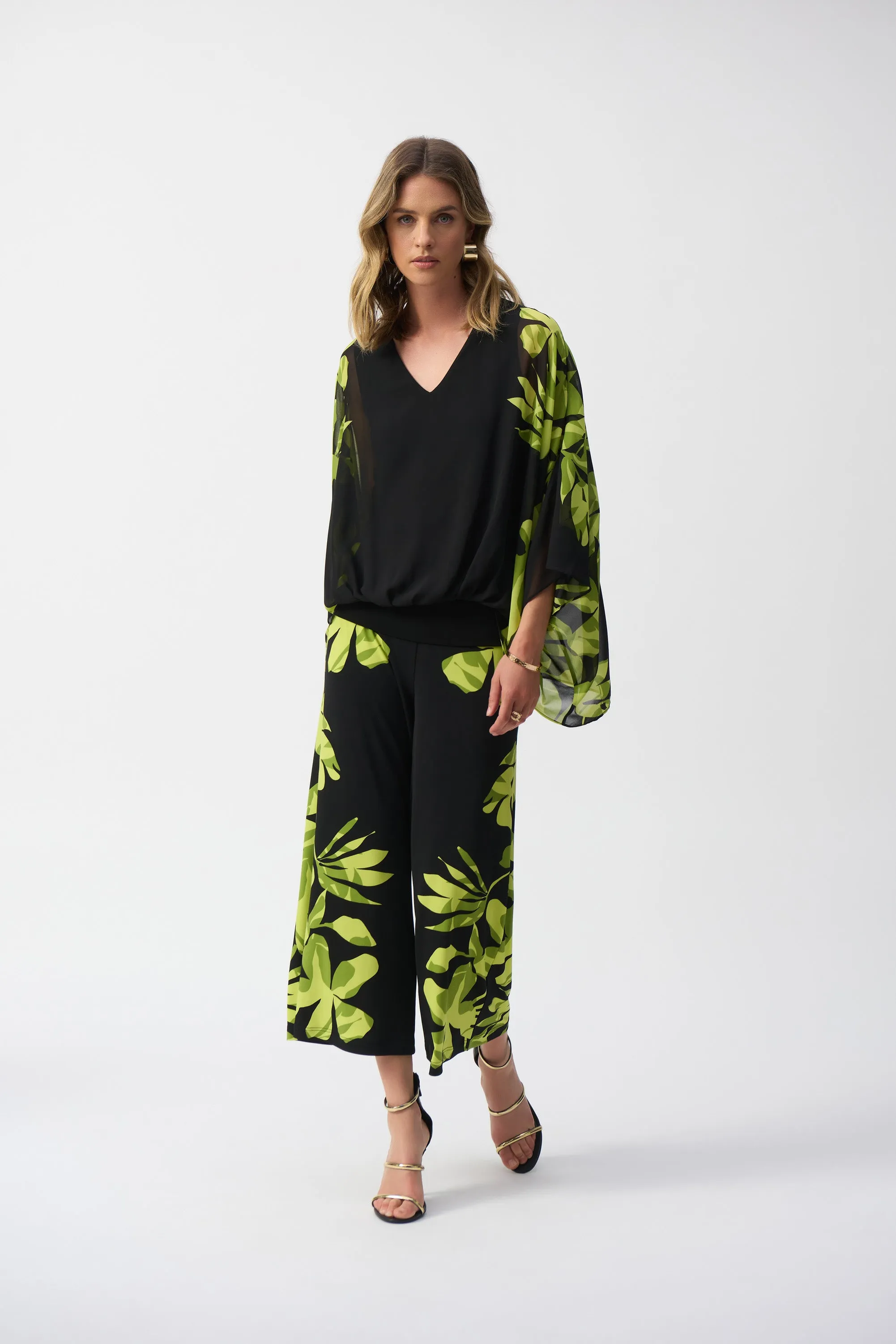 Chiffon And Silky Knit Floral Poncho Top