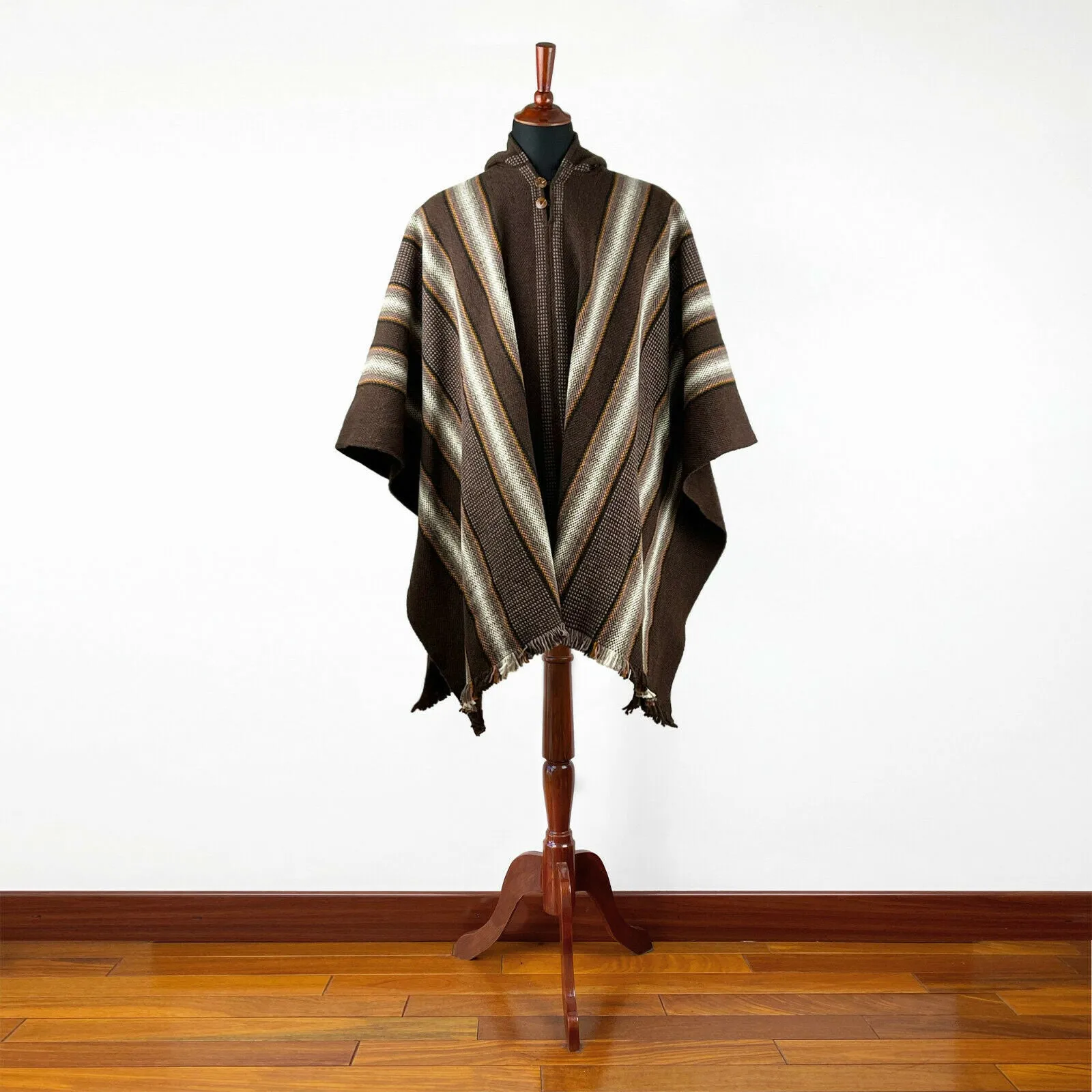 Chinapintza - Llama Wool Unisex South American Handwoven Thick Hooded Poncho - striped - brown