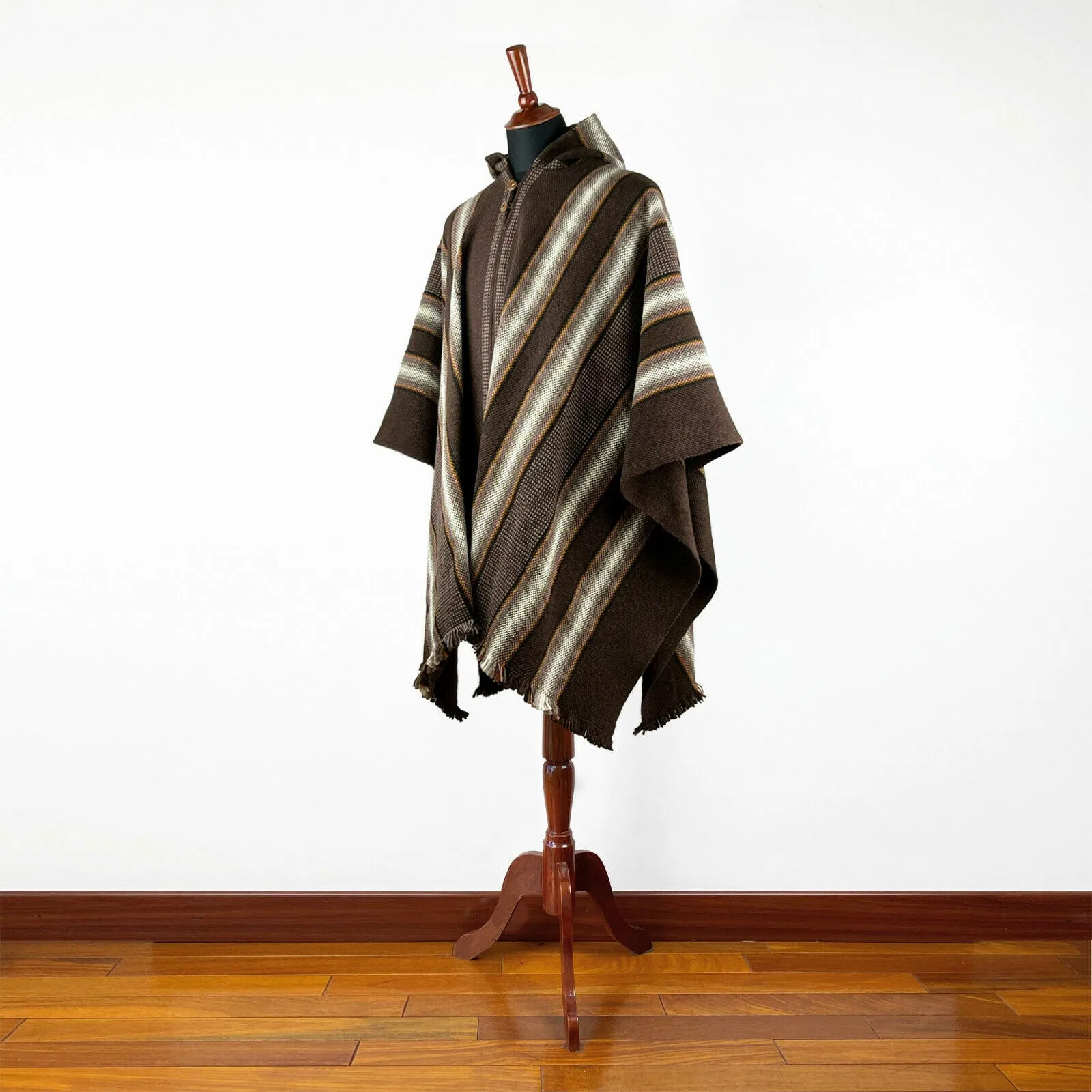 Chinapintza - Llama Wool Unisex South American Handwoven Thick Hooded Poncho - striped - brown