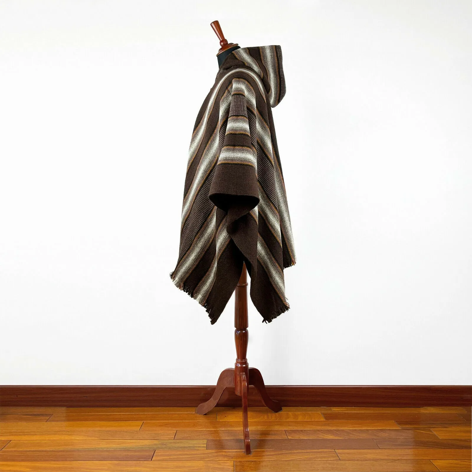 Chinapintza - Llama Wool Unisex South American Handwoven Thick Hooded Poncho - striped - brown