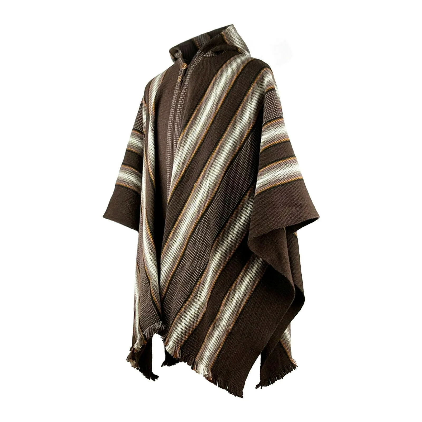 Chinapintza - Llama Wool Unisex South American Handwoven Thick Hooded Poncho - striped - brown