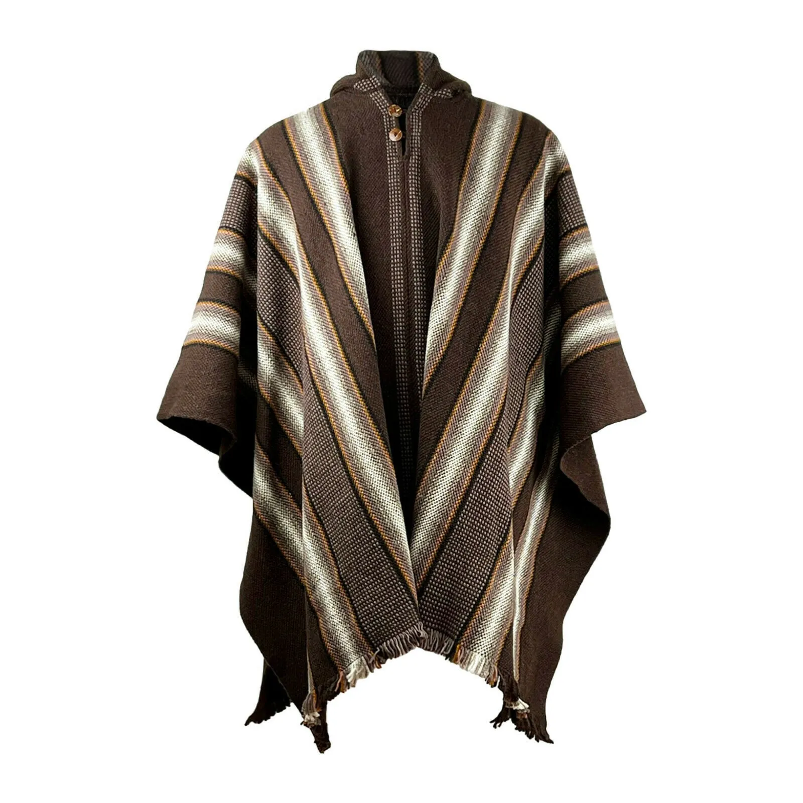 Chinapintza - Llama Wool Unisex South American Handwoven Thick Hooded Poncho - striped - brown