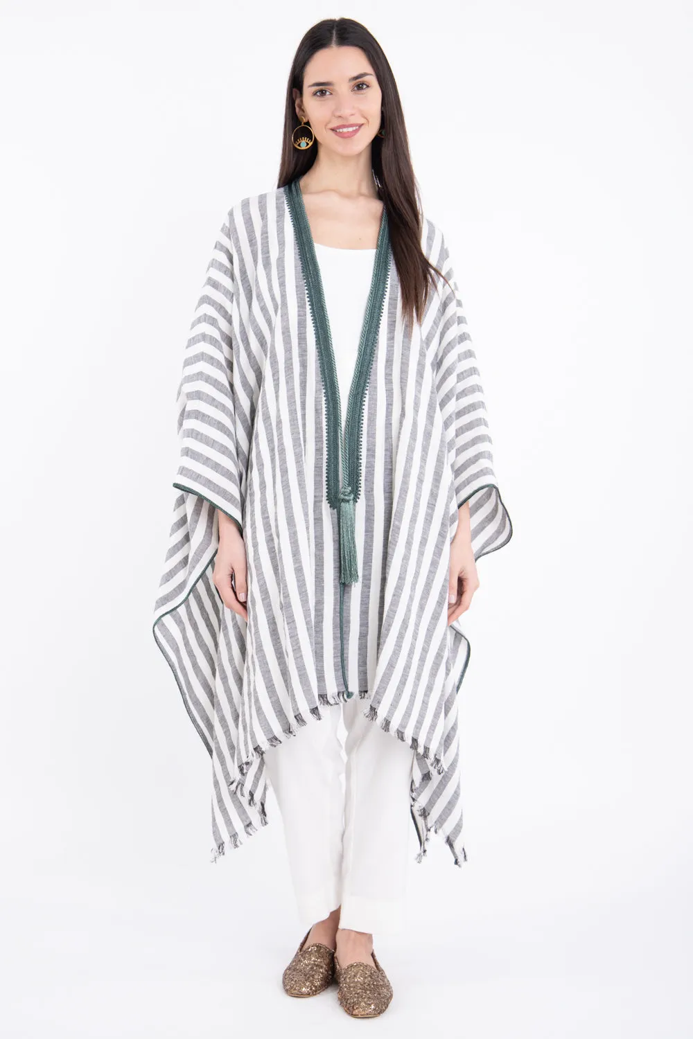 Classic Linen Striped Black With Green Poncho