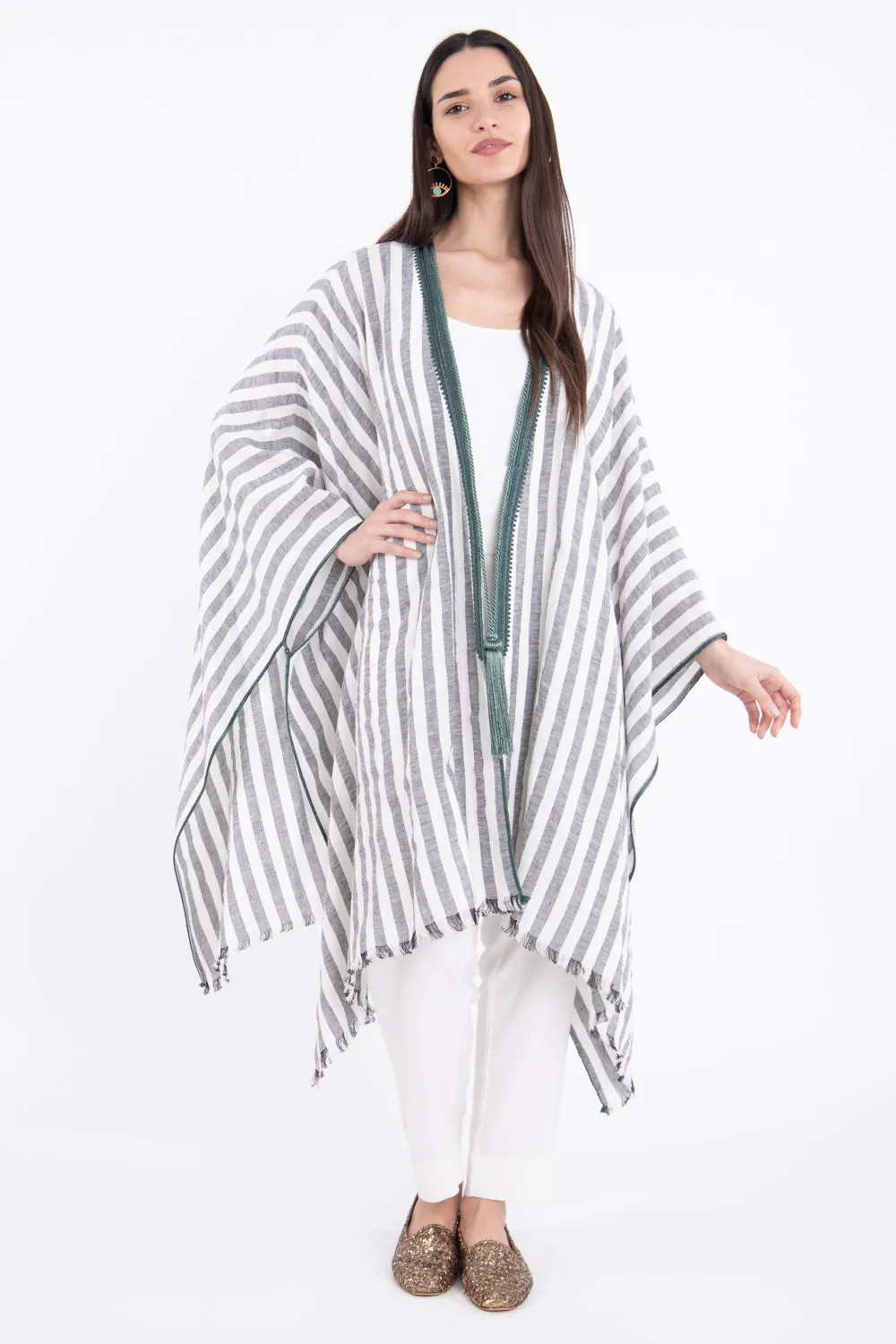 Classic Linen Striped Black With Green Poncho