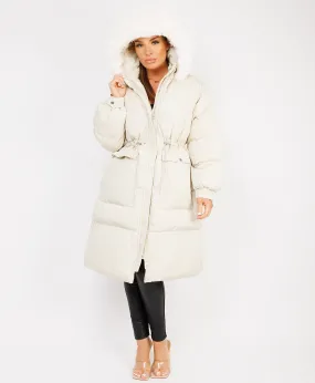 Cream Fluffy Faux Fur Hood Drawstring Waist Midi Puffer Jacket