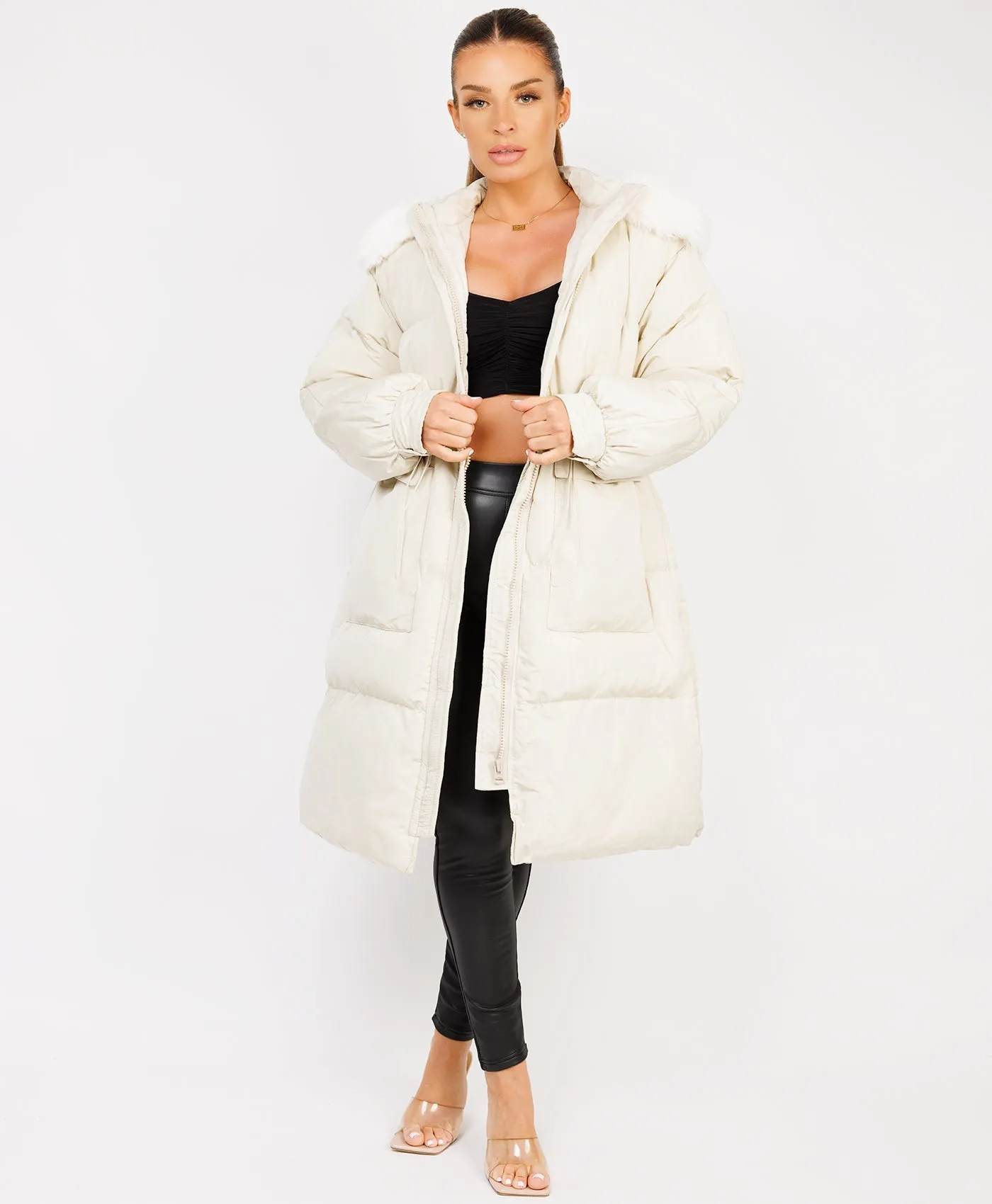 Cream Fluffy Faux Fur Hood Drawstring Waist Midi Puffer Jacket