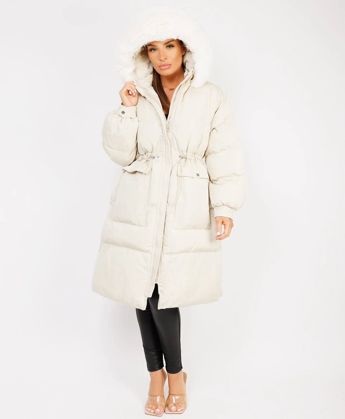 Cream Fluffy Faux Fur Hood Drawstring Waist Midi Puffer Jacket